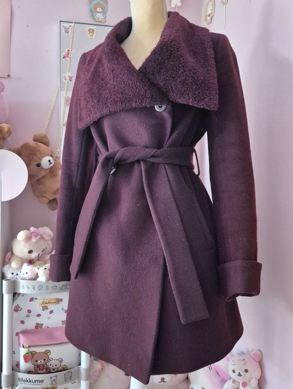 Trina Turk Burgundy Wool-Blend Belted Wrap Coat W/ Faux Fur Collar
